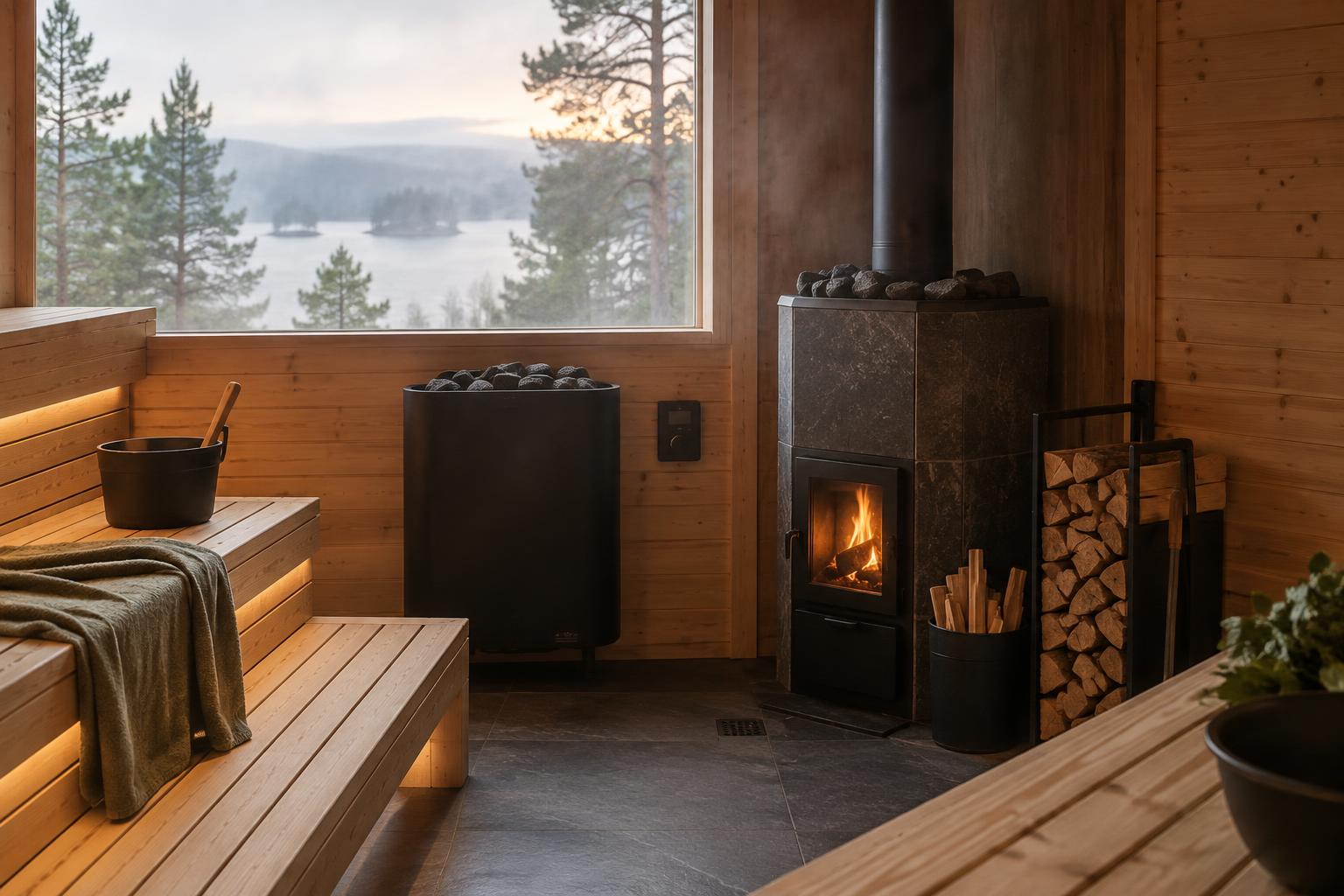 Electric and wood-fired sauna heaters with controls and gathered firewood