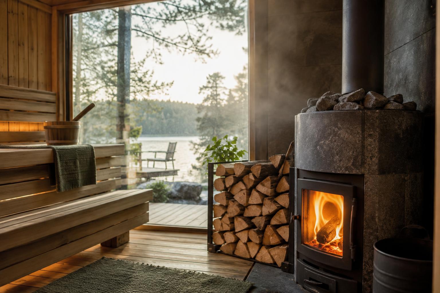 Wood-fired sauna heater with logs inside a garden sauna