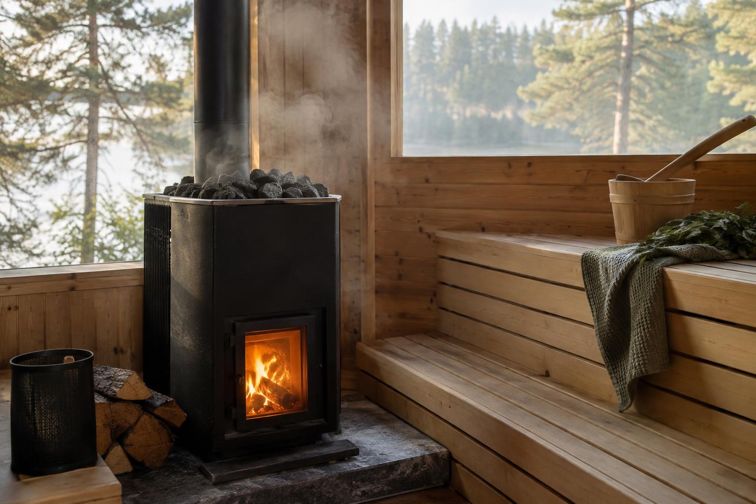 Wood-burning sauna stove inside a sauna