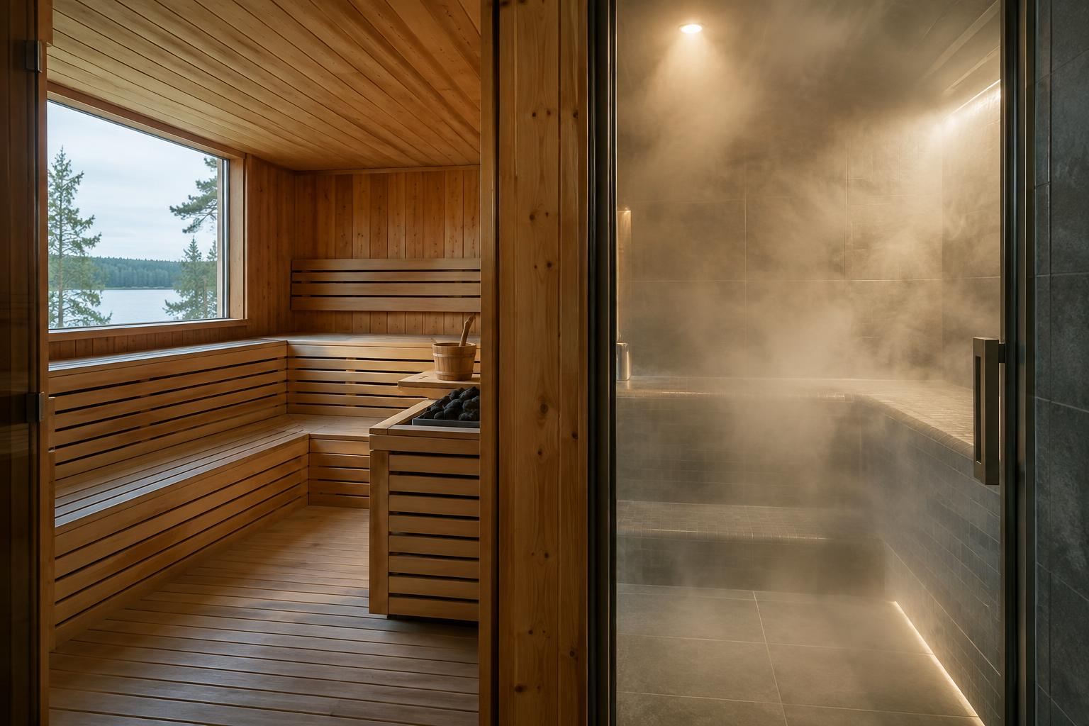 Clear air in a sauna beside a steam-filled steam room