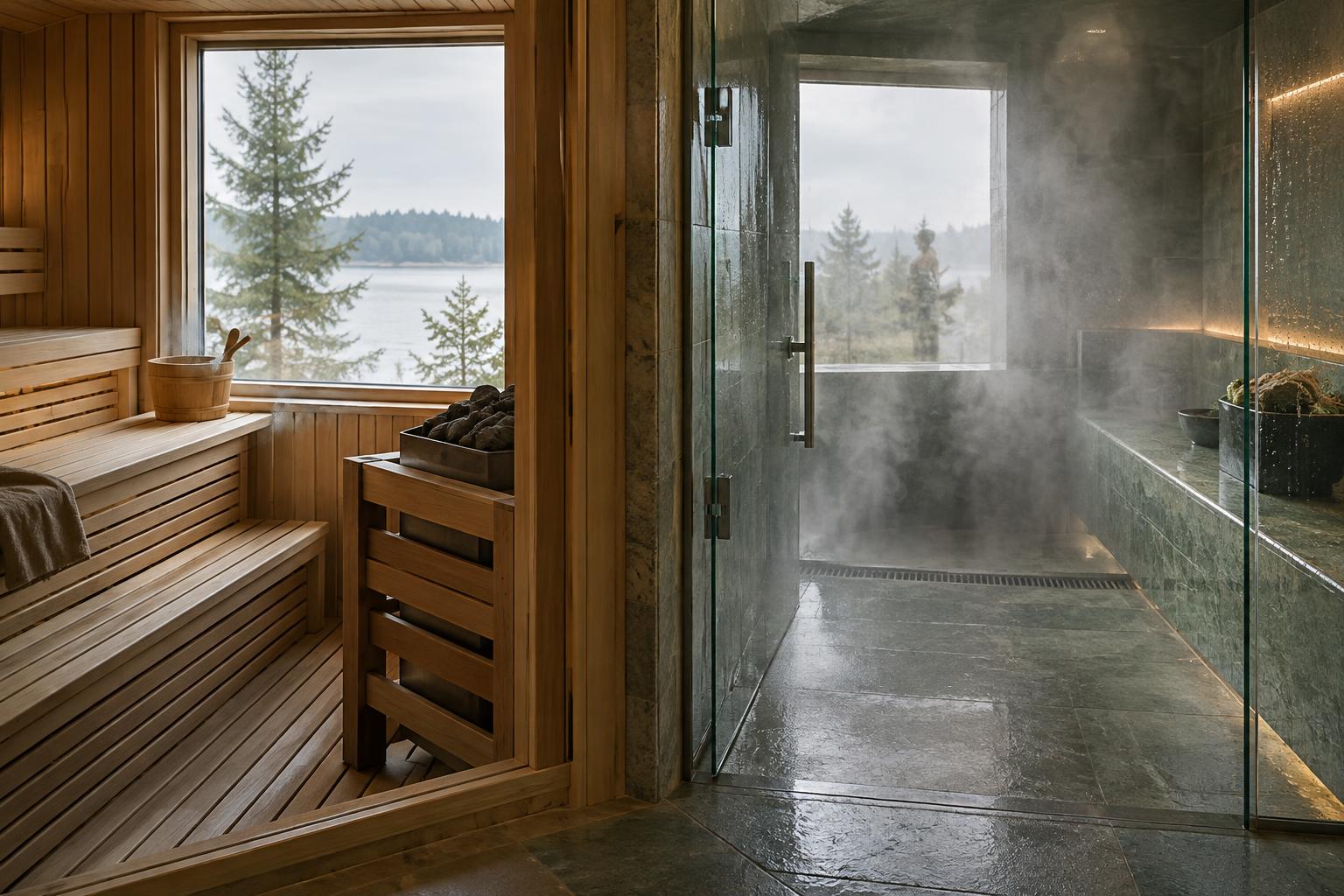 Wooden sauna with hot stones beside a tiled steam room with glass surfaces.