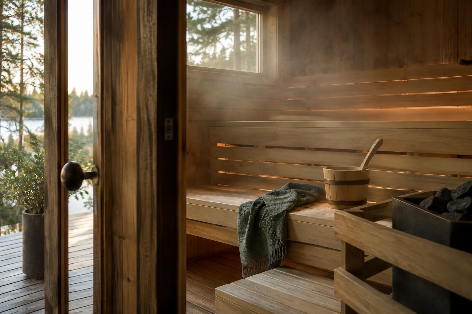 Wooden home sauna with a damp cloth, empty water bucket and open door.