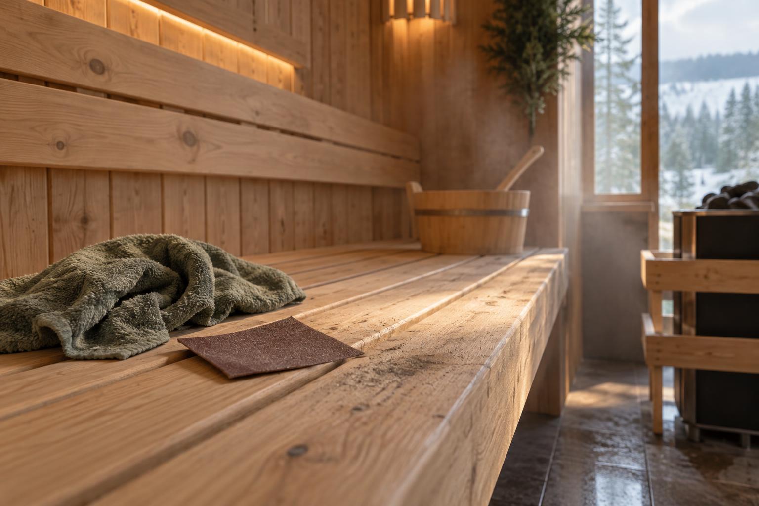 Wooden sauna bench with sandpaper, a damp cloth and visible marks