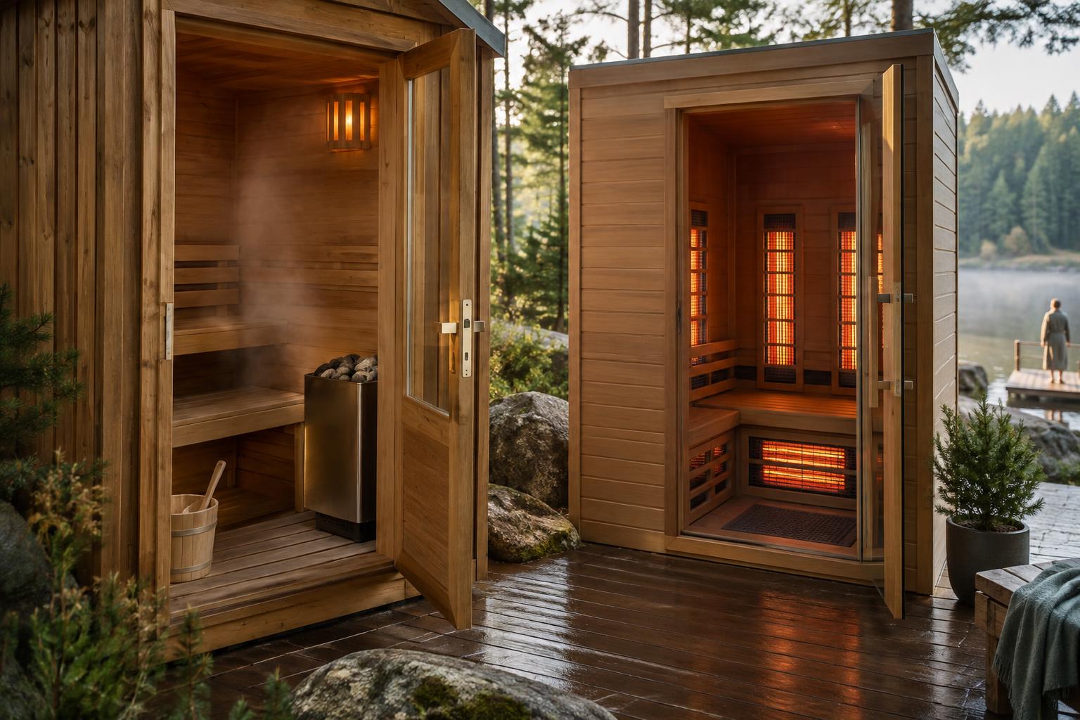 Traditional sauna with heater and stones beside an infrared cabin with radiant panels.