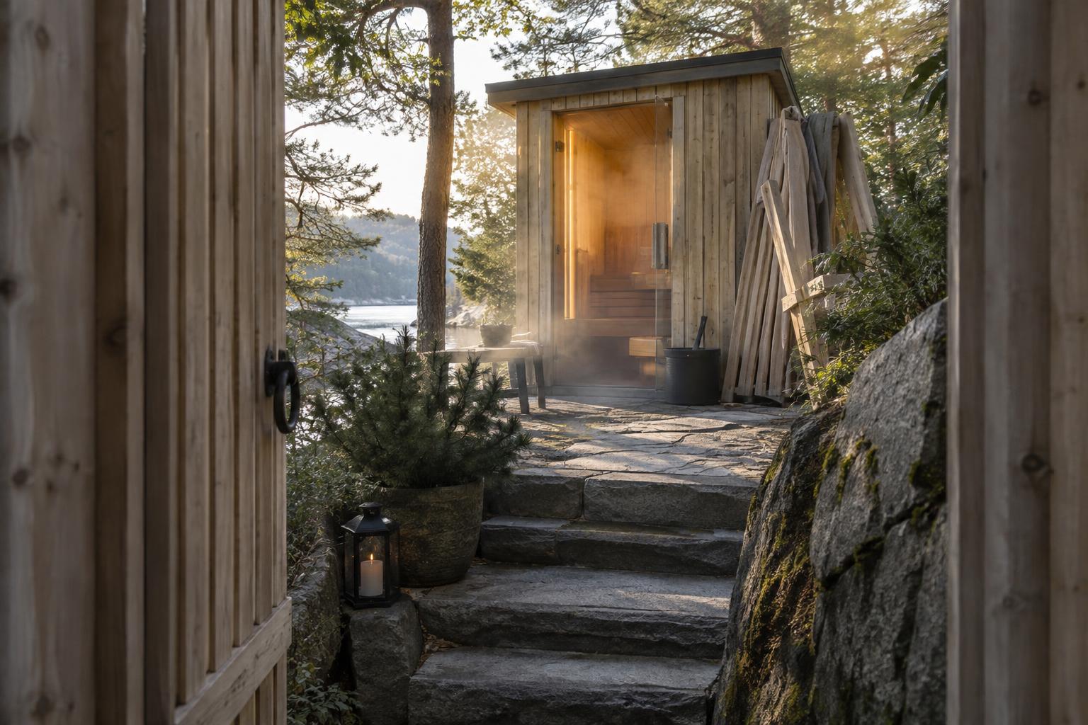 Garden gate, steps and a tight corner leading to a sauna cabin
