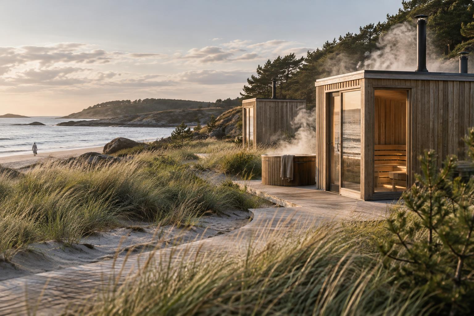 Sauna cabins beside dunes with a beach and sea beyond
