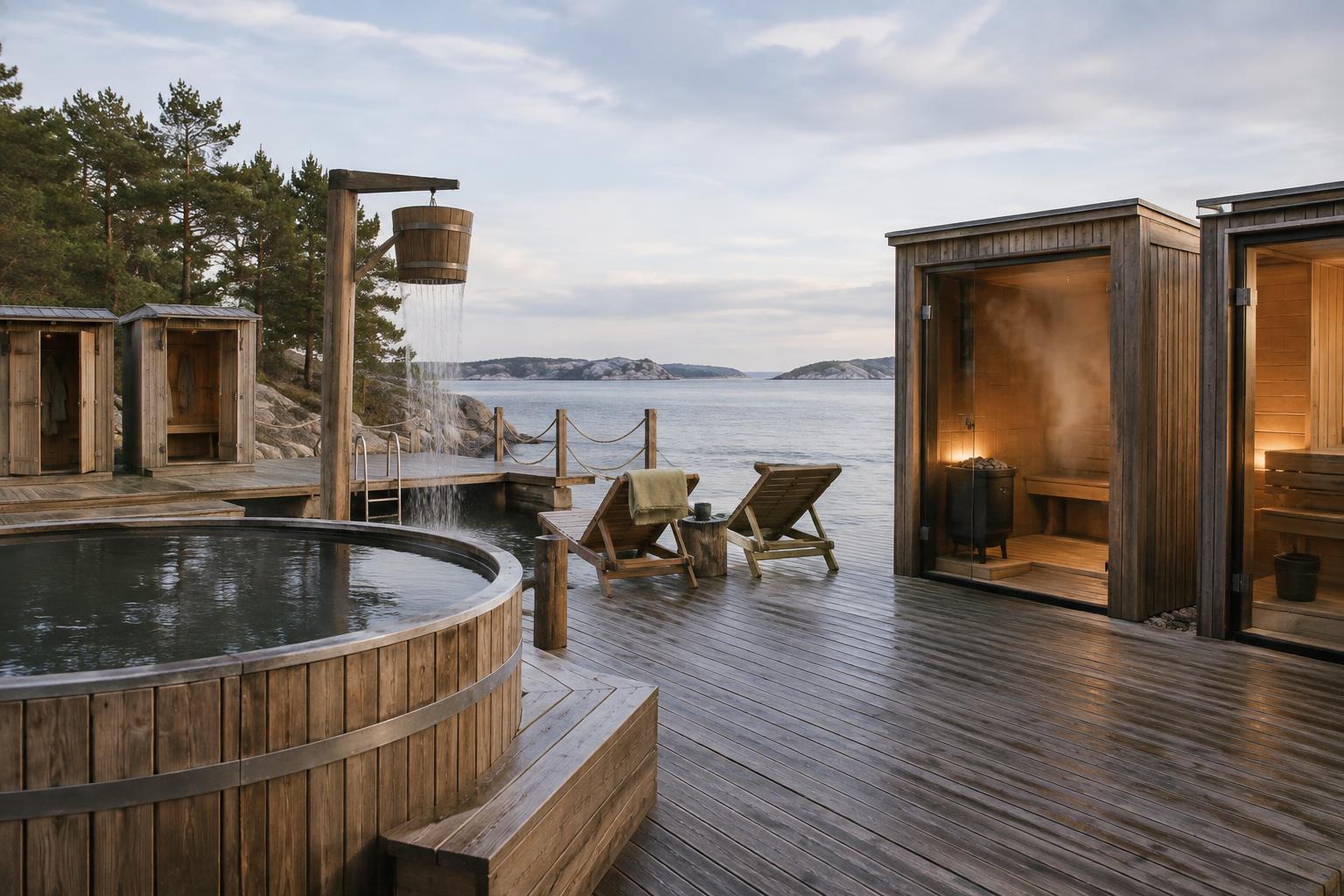 Pier sauna spaces with changing rooms, a cold tub, bucket shower and sea-view deckchairs.