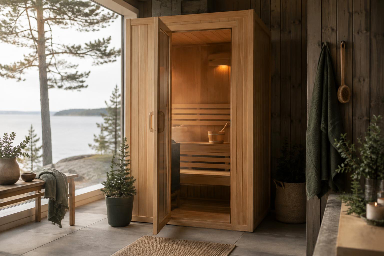 Small wooden indoor sauna cabin with space for one person