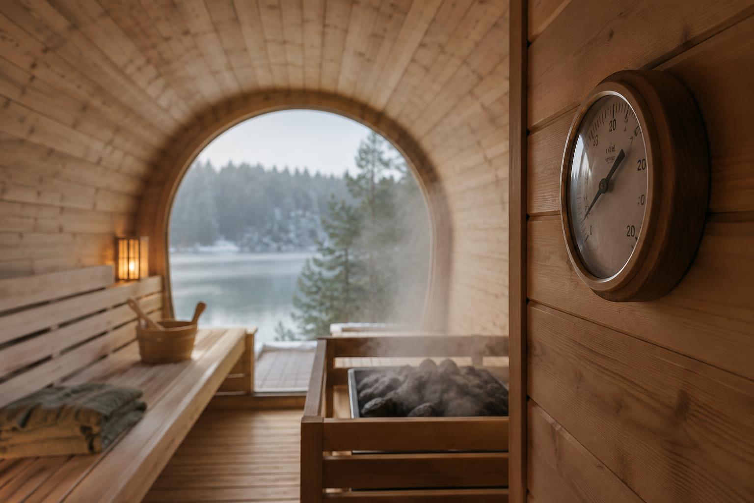 Thermometer inside a wooden barrel sauna