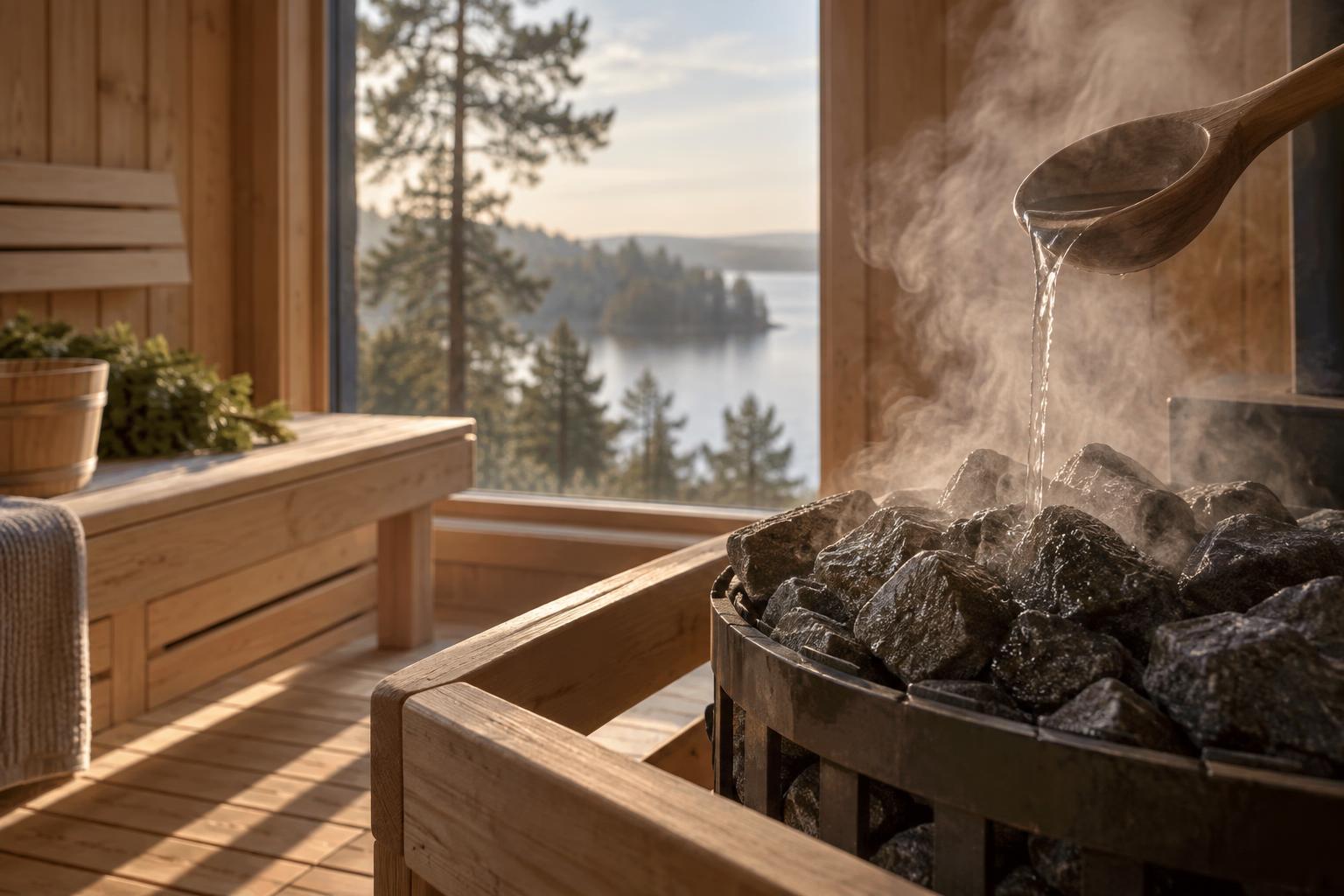 Water pouring onto hot sauna stones, with steam rising inside the cabin.