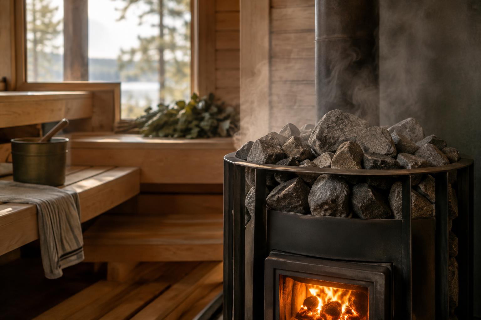 Wood-fired sauna heater inside a sauna