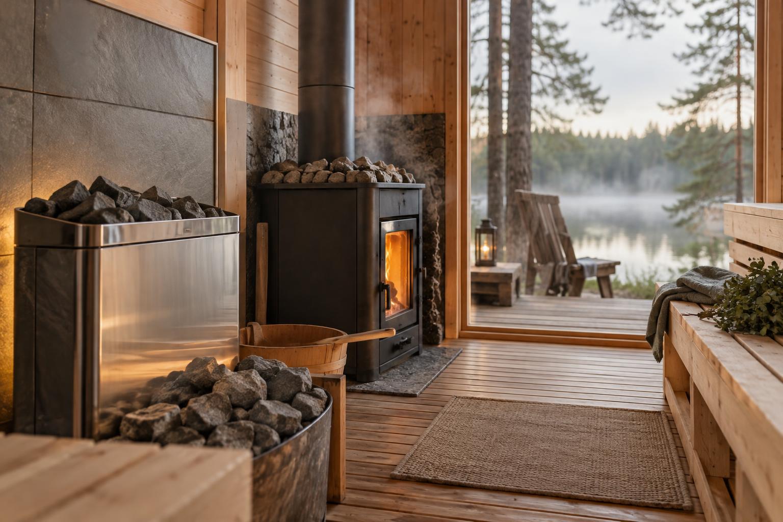 Electric and wood-fired sauna heaters beside sauna stones.