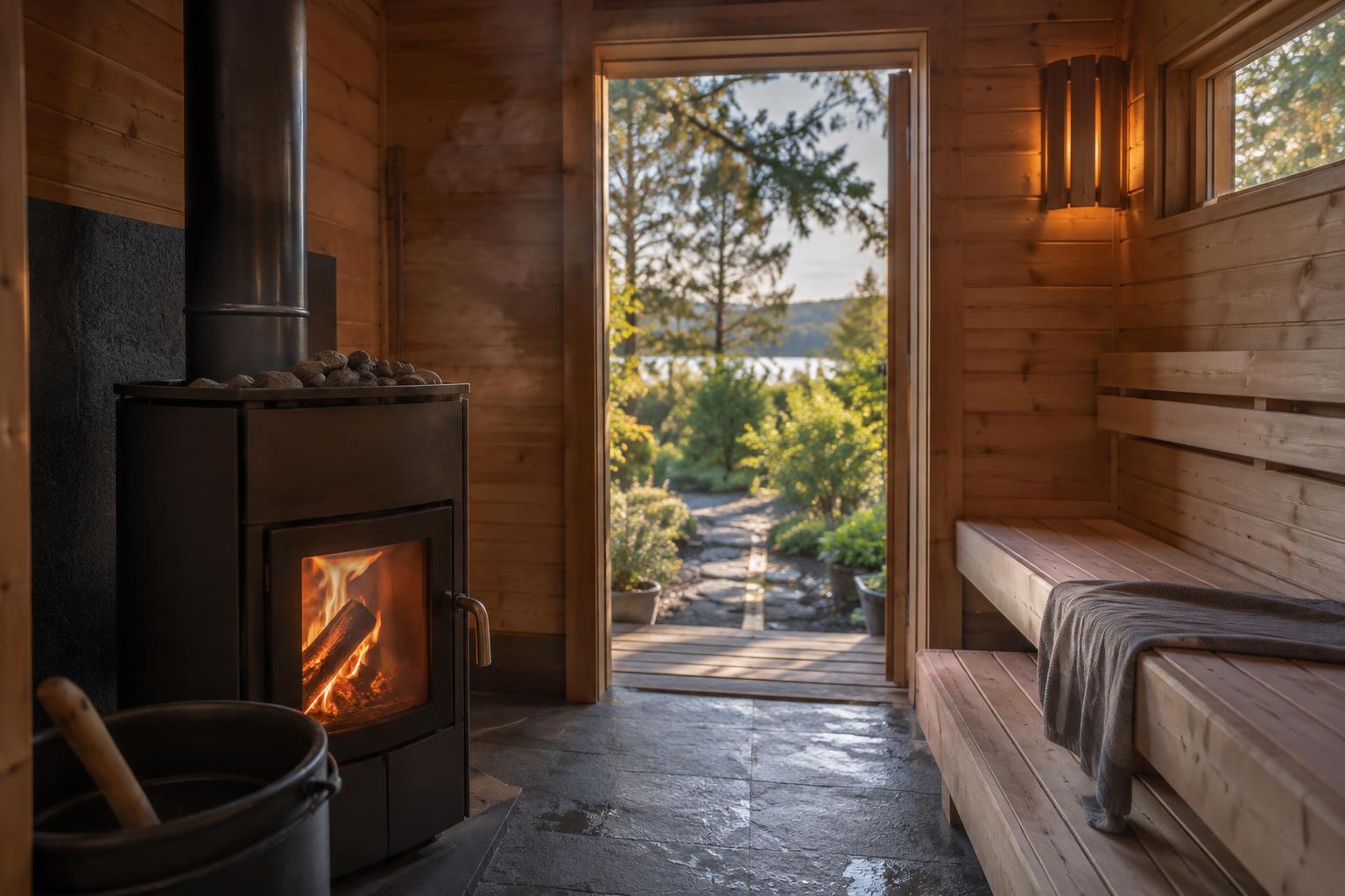 Wood-burning stove inside a wooden sauna overlooking a garden.