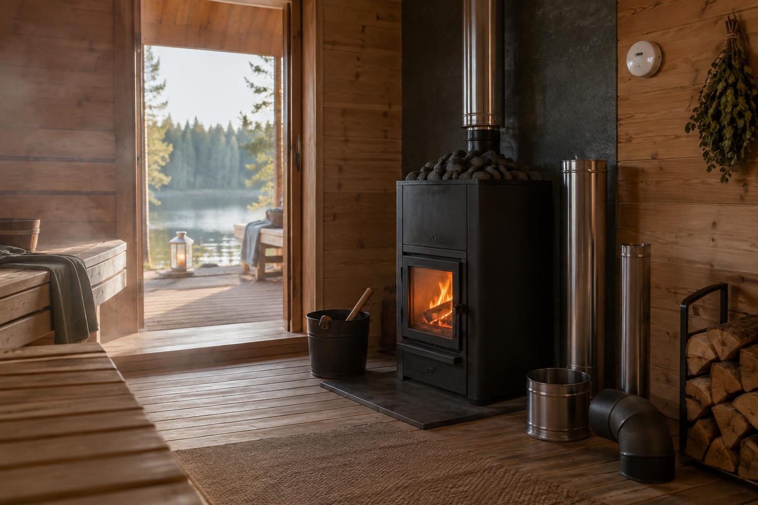 Wood-burning sauna stove with flue components and a carbon-monoxide alarm