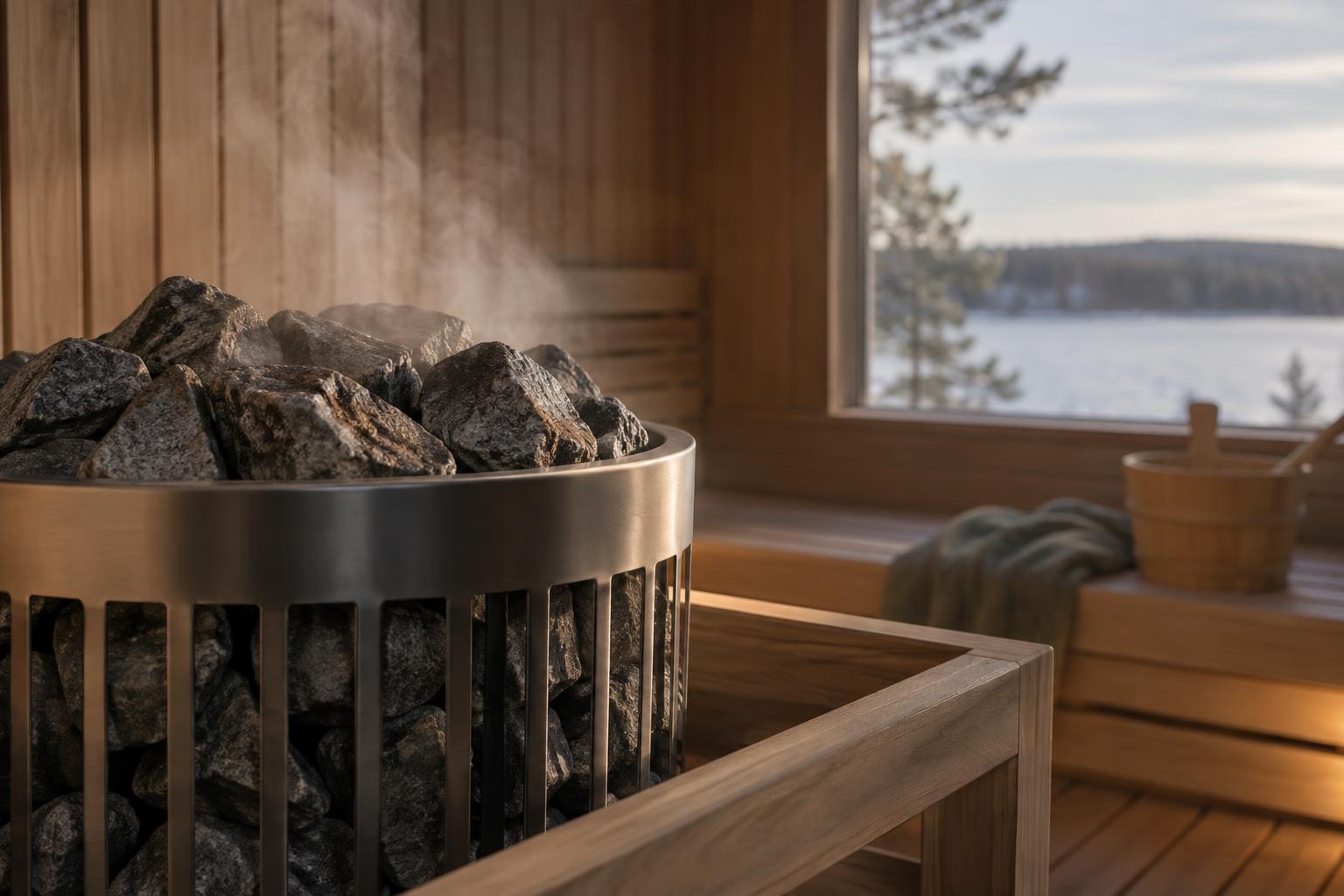 Close view of an electric heater inside a sauna