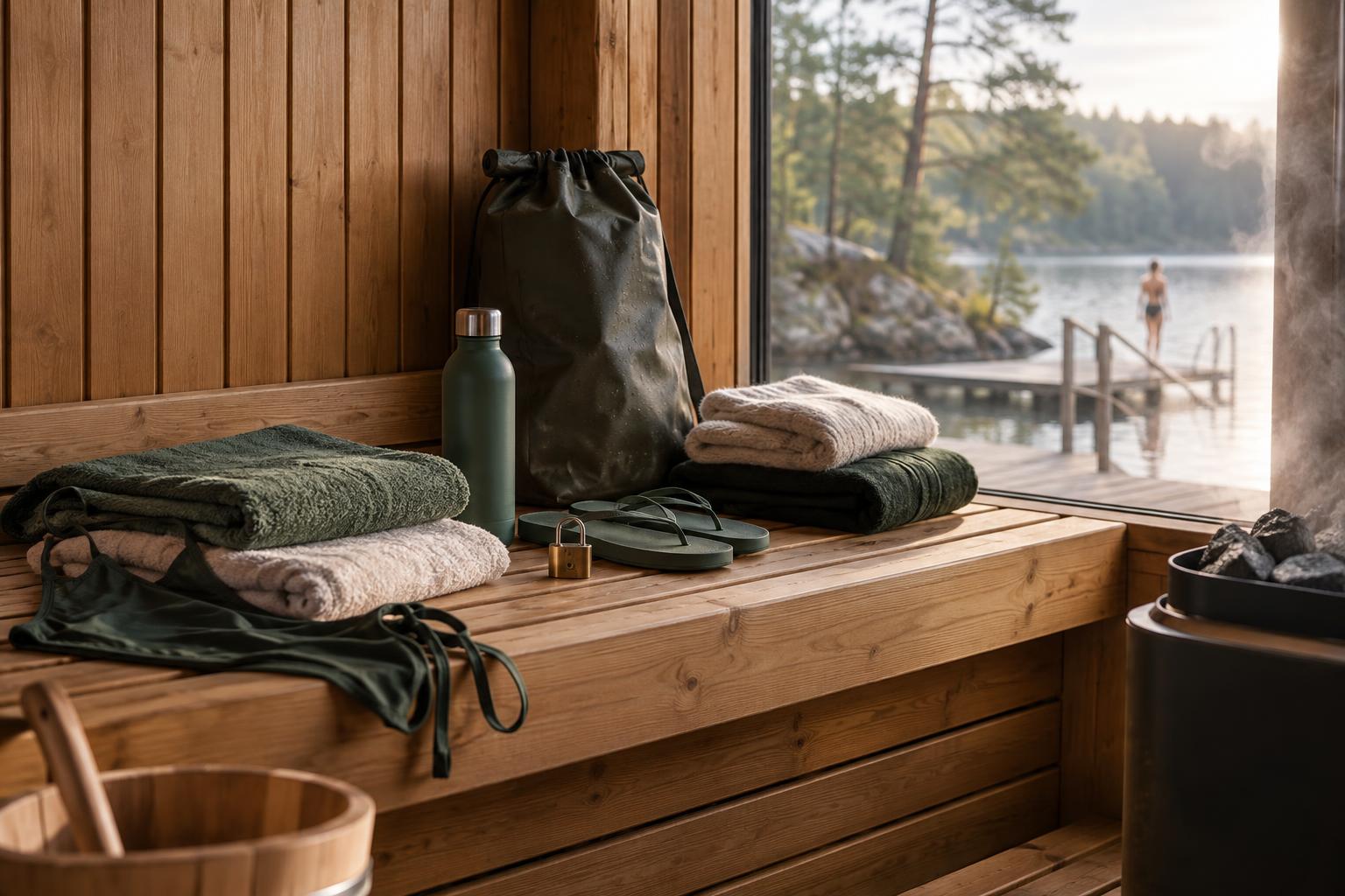 Sauna bench with swimwear, towels, water bottle, flip-flops, padlock and bags.