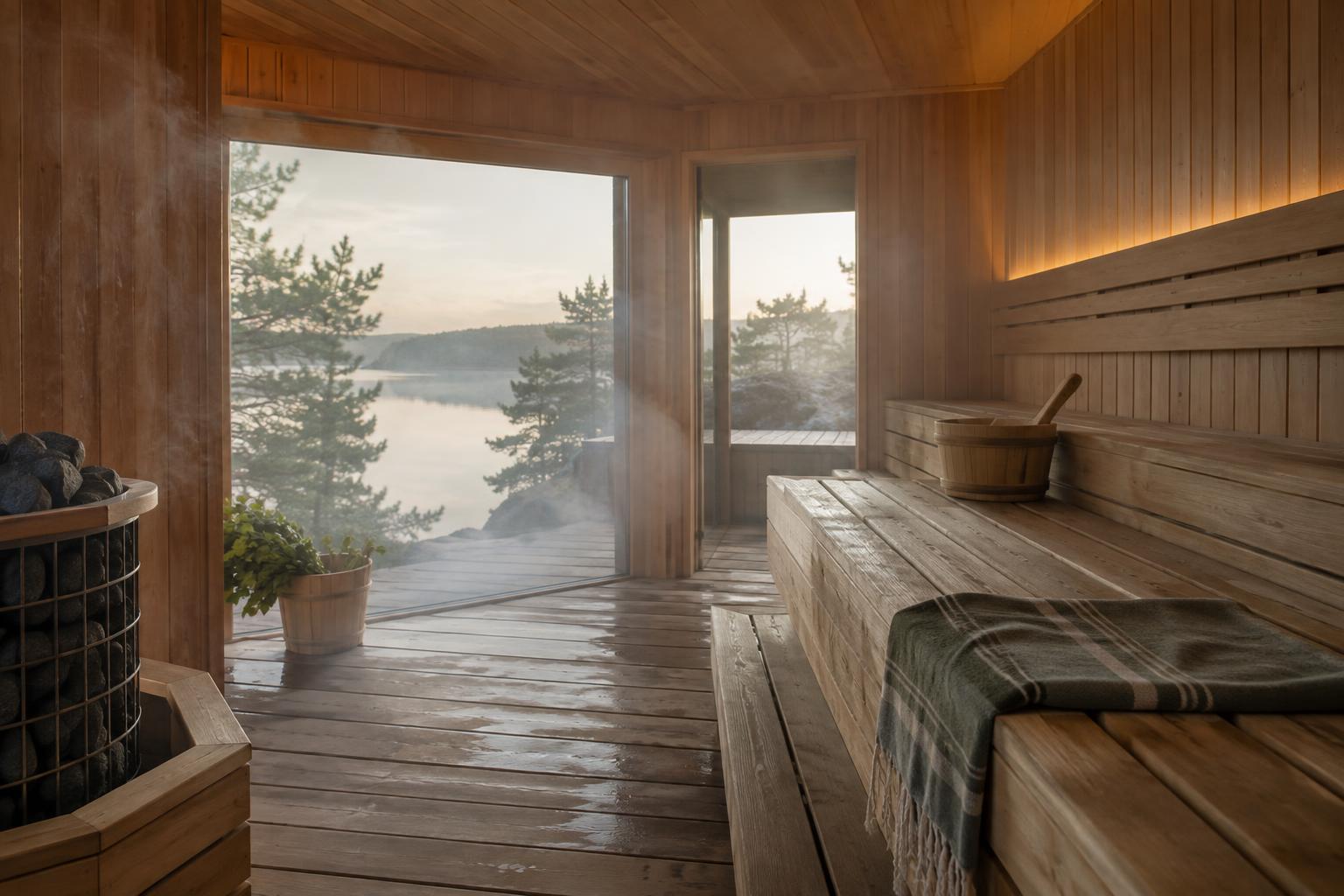 Wooden benches in a quiet, steamy shared sauna