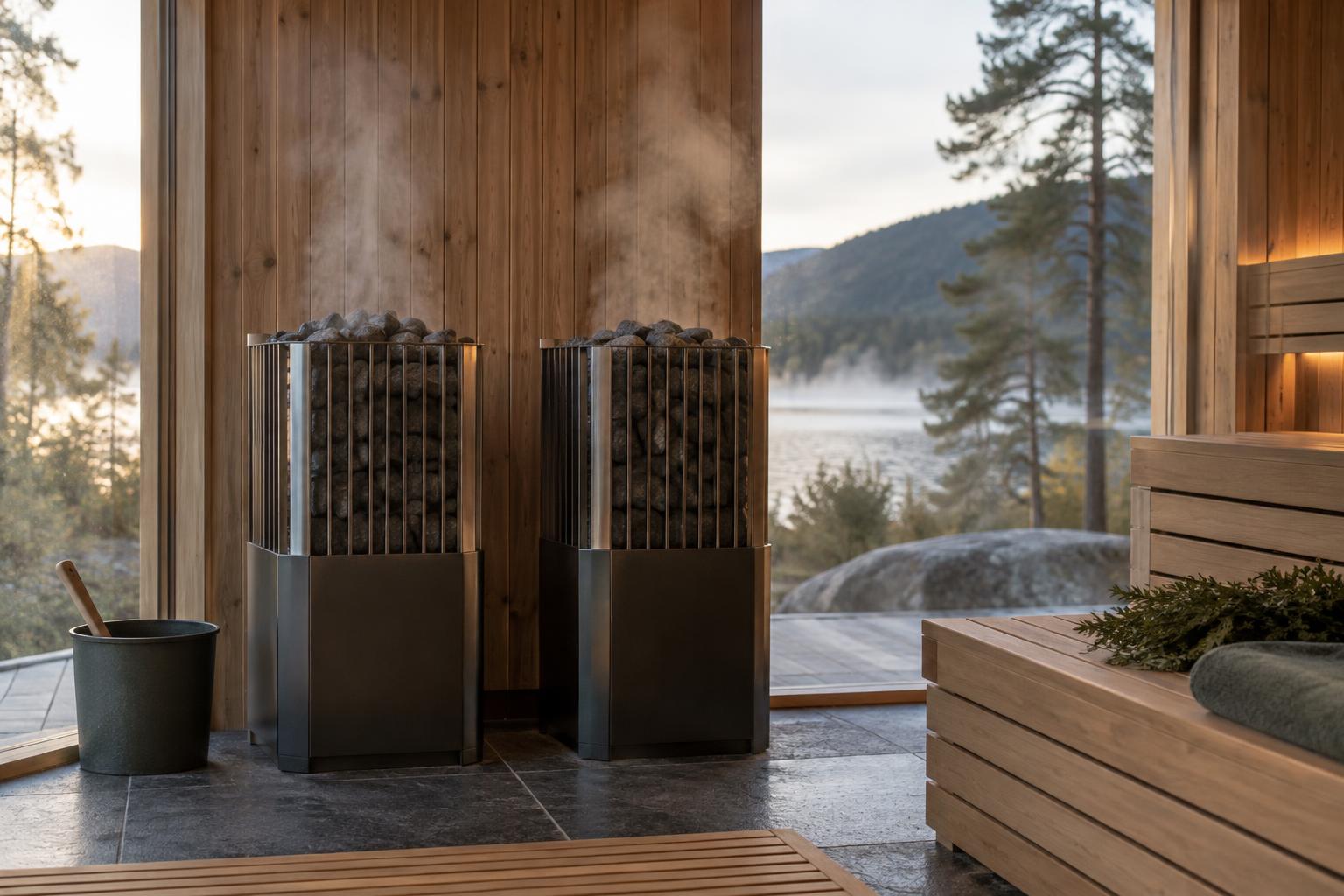 Two electric sauna heaters side by side in a sauna interior