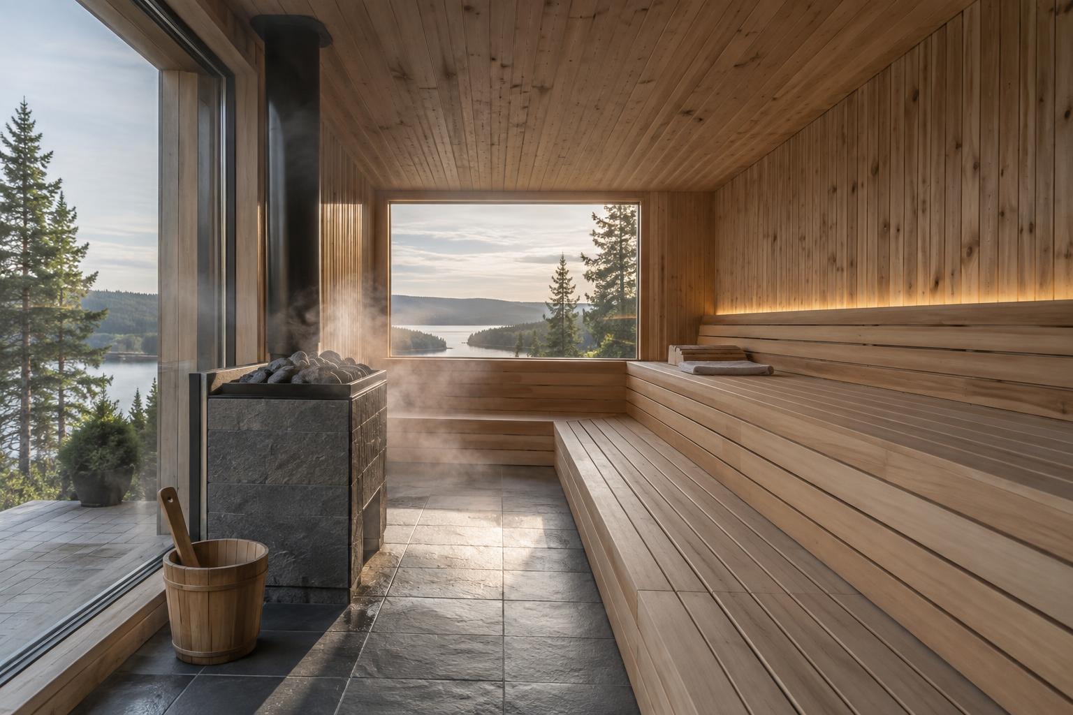 Sauna interior with heater, glass panel and exposed wall surfaces