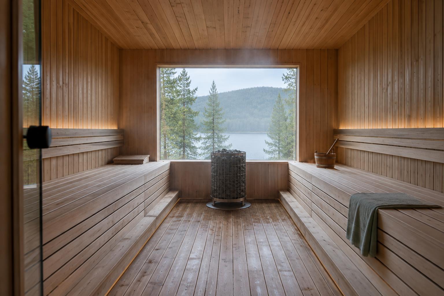 Empty sauna interior showing the floor, ceiling and walls.