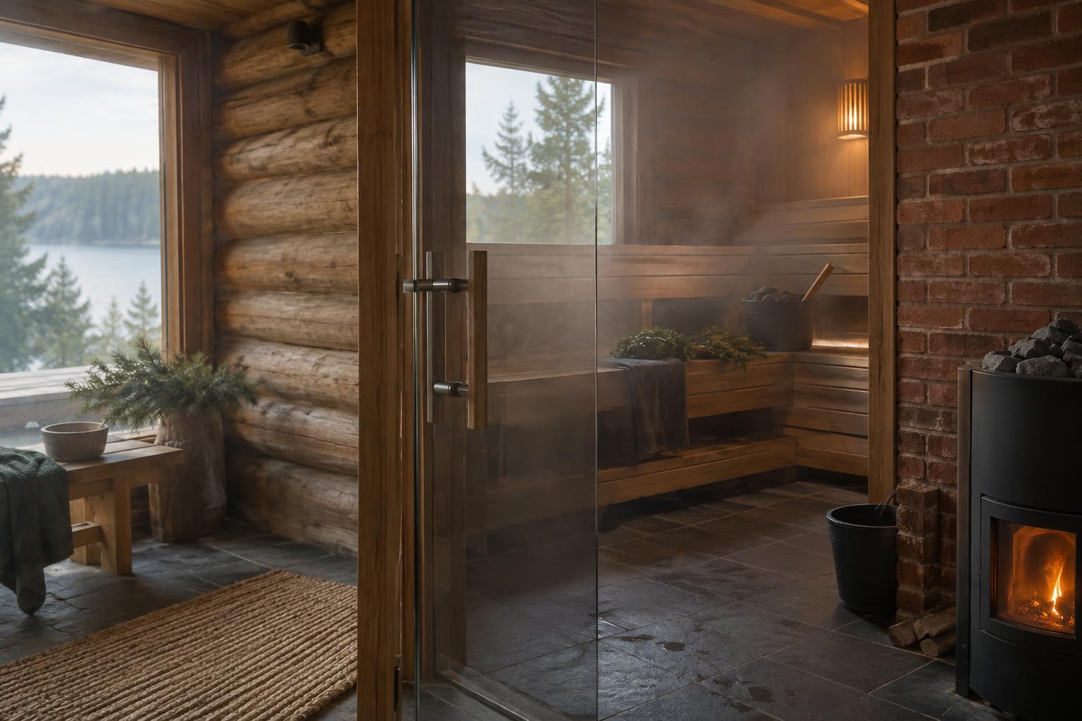 Sauna interior with log walls, a glass door and exposed brick