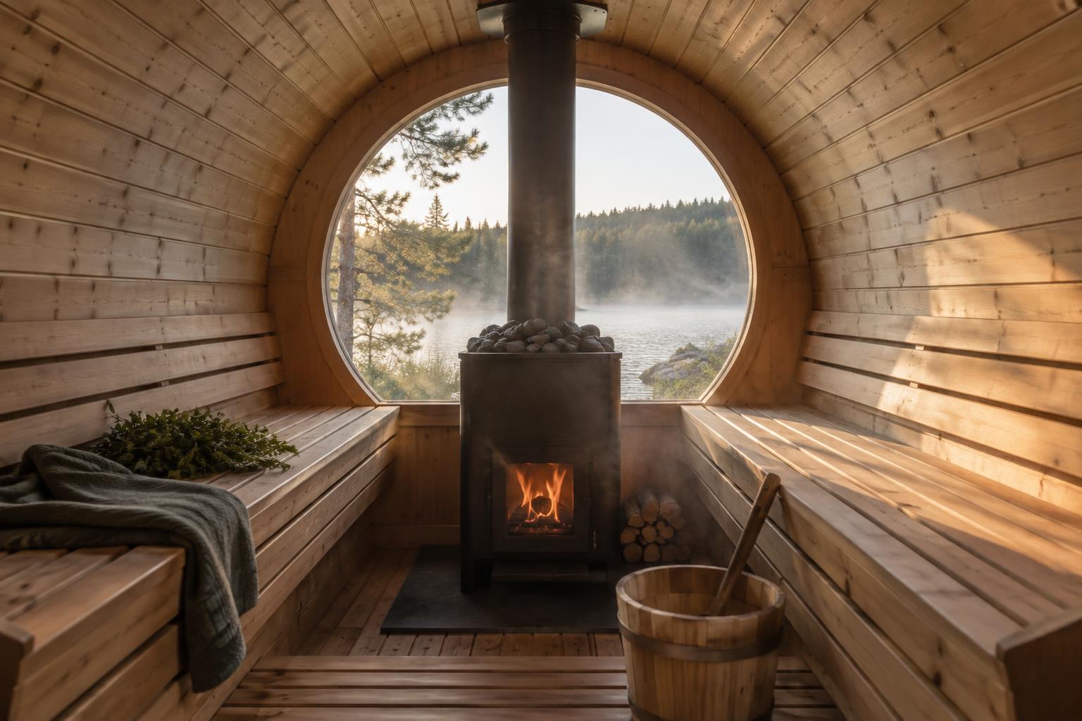 Wooden barrel sauna interior with curved walls and a circular timber end wall