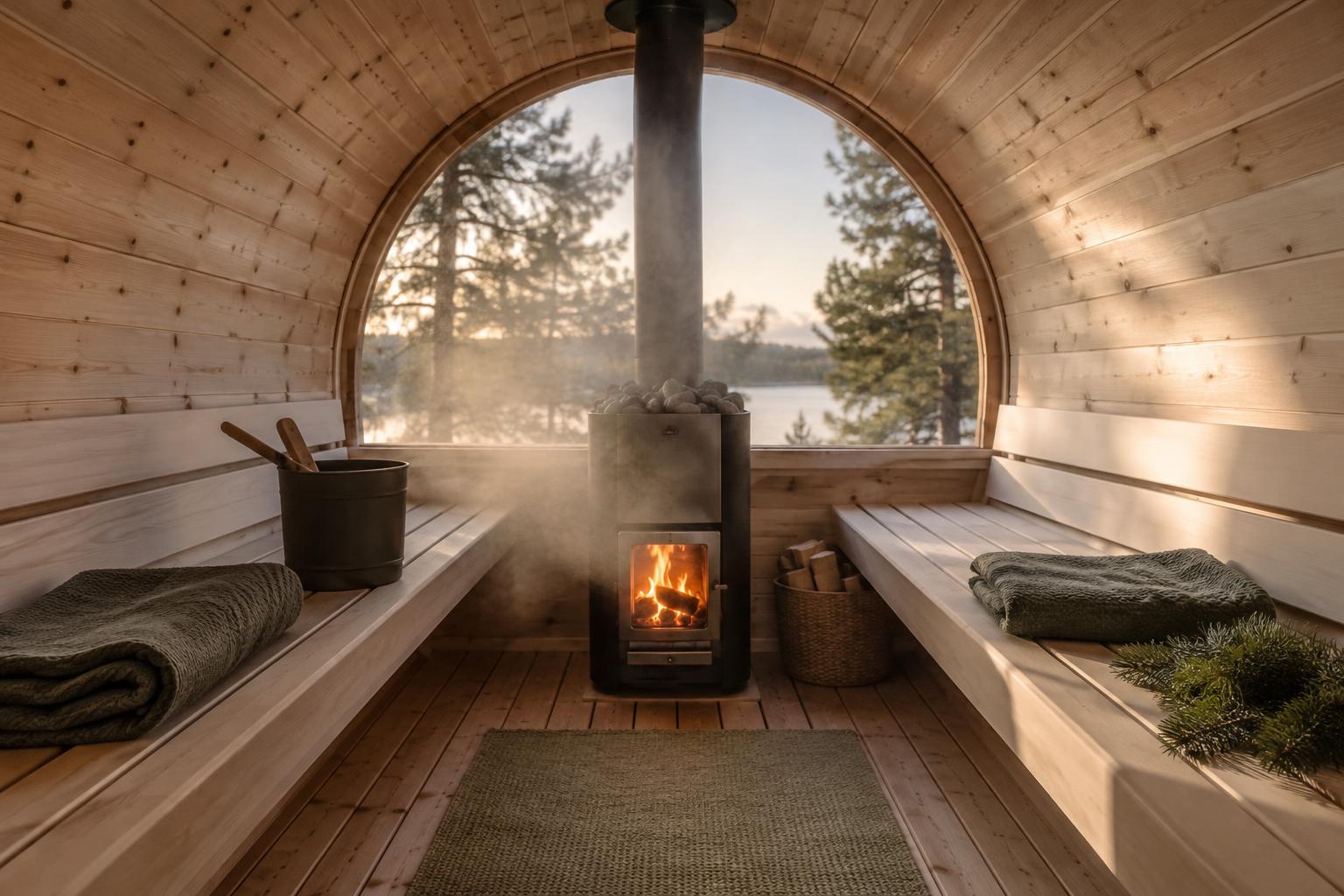 Pale spruce barrel sauna interior with curved timber walls and aspen benches