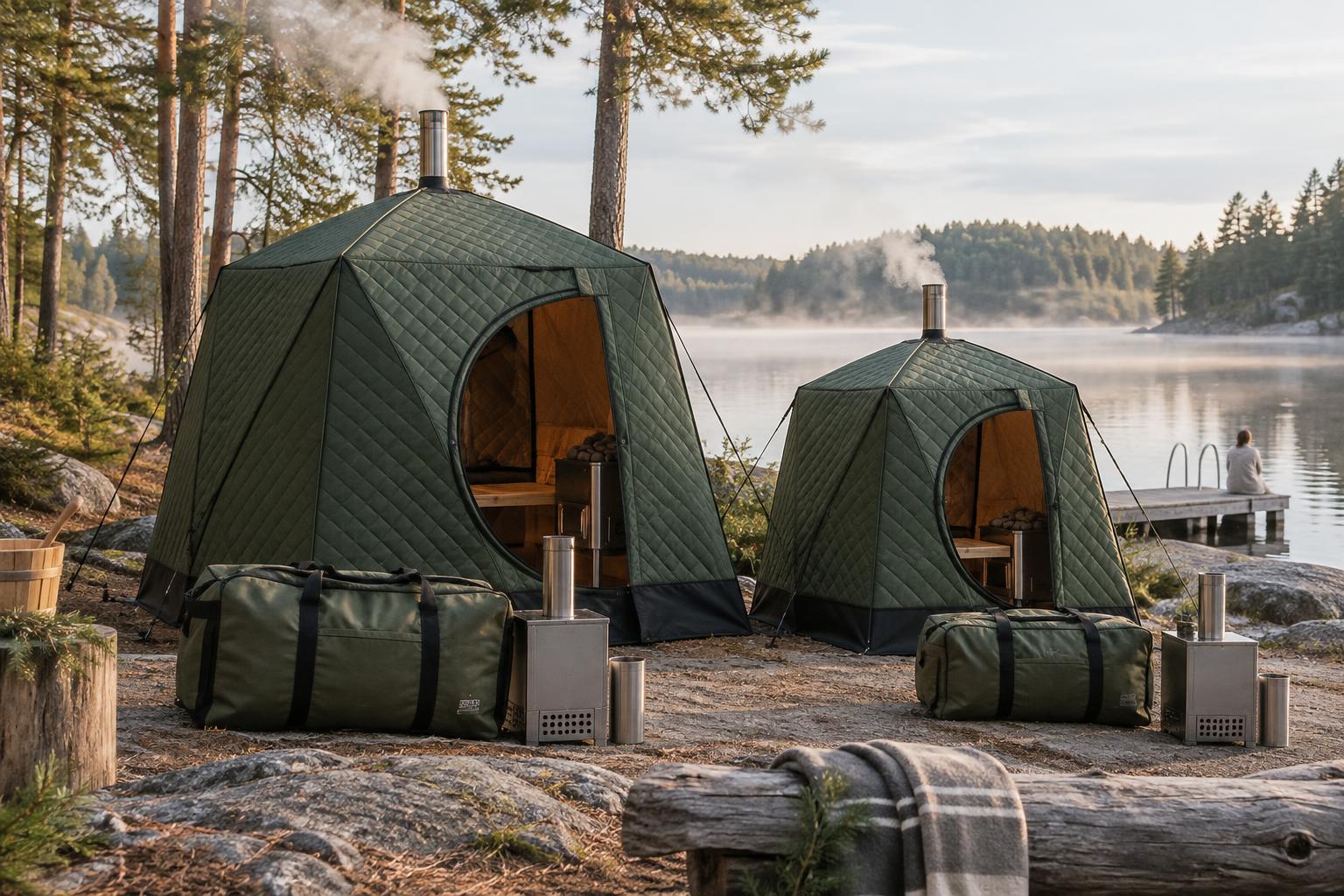 Two differently sized sauna tents with carrying bags alongside.