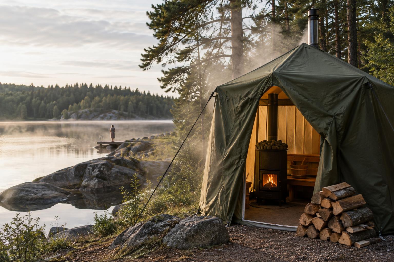 Sauna tent with a wood-fired stove and firewood beside the entrance