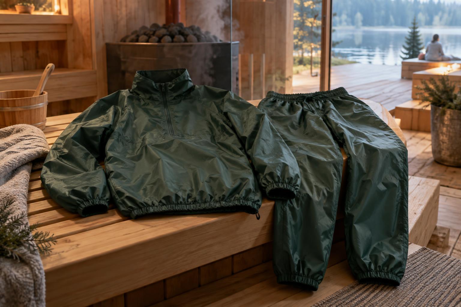 Matching sauna suit jacket and trousers with a drawstring waist and elasticated openings.