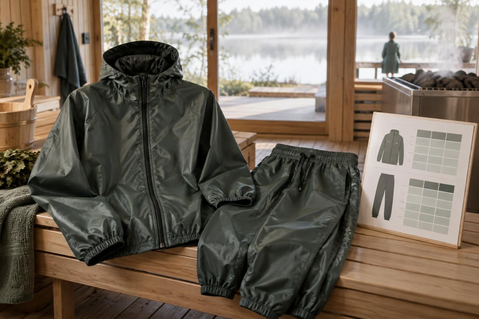 Sauna suit top and trousers with visible closures beside a size chart.