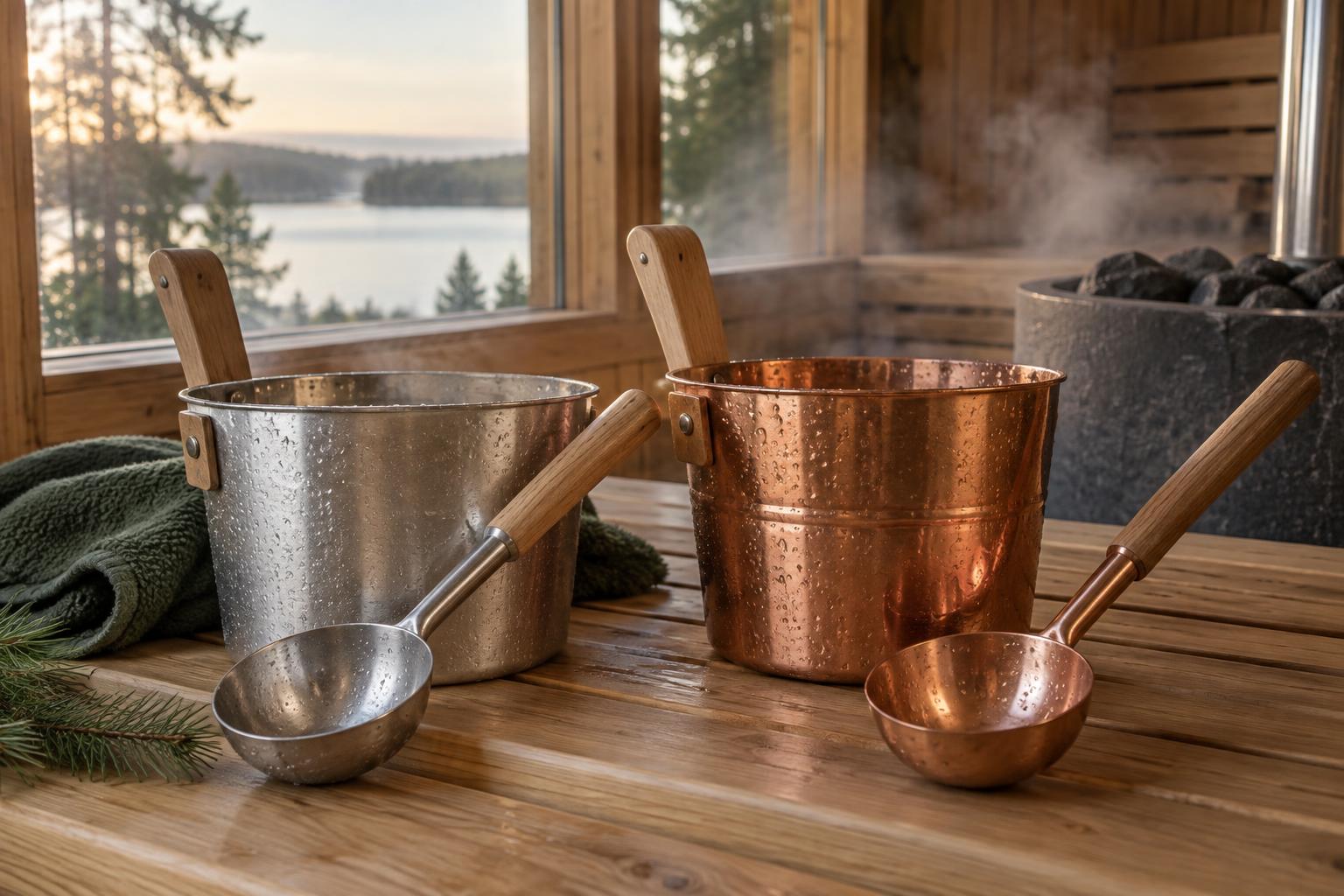 Aluminium and copper sauna buckets with matching ladles.