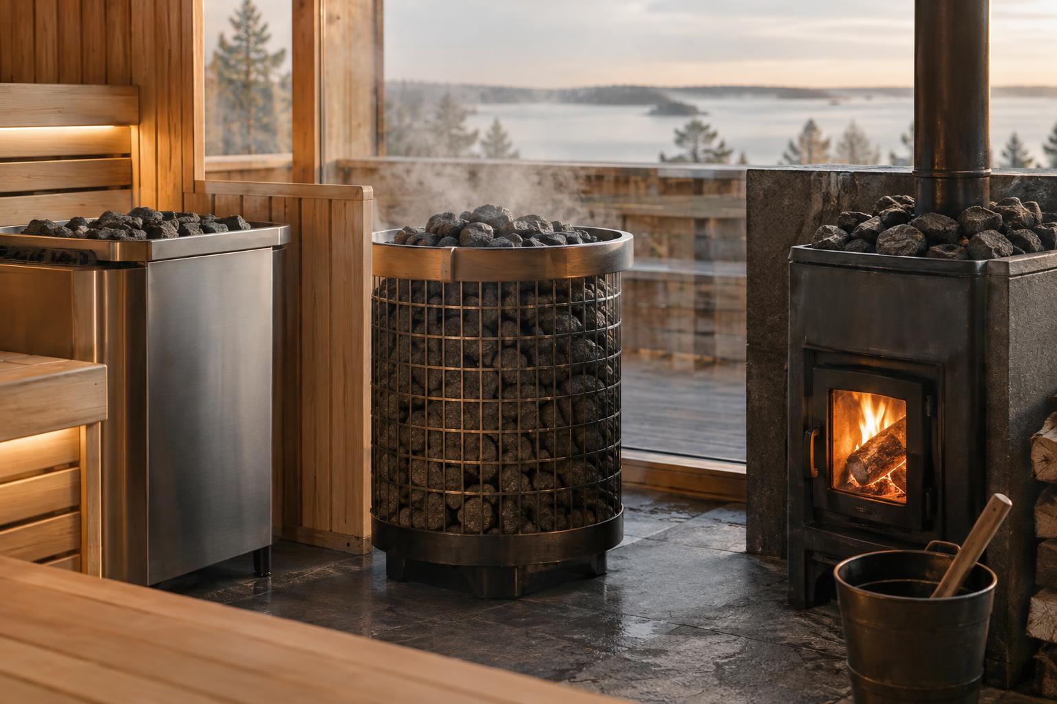 Electric and wood-fired sauna heaters shown together
