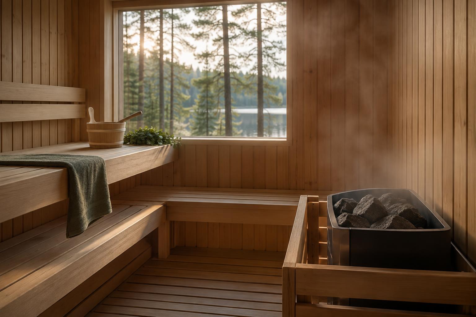 Compact sauna heater in a wooden sauna interior