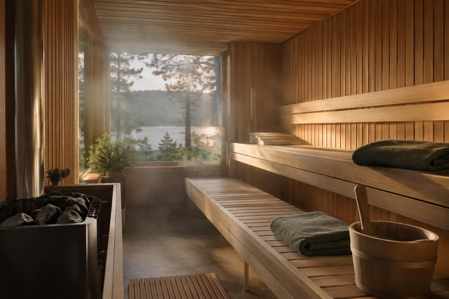 Two rows of wooden benches inside a home sauna
