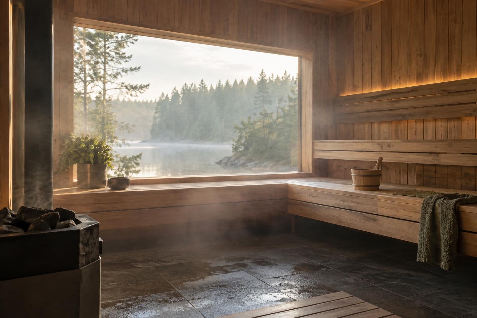 Near-square wooden sauna interior with L-shaped benches and open central floor space.