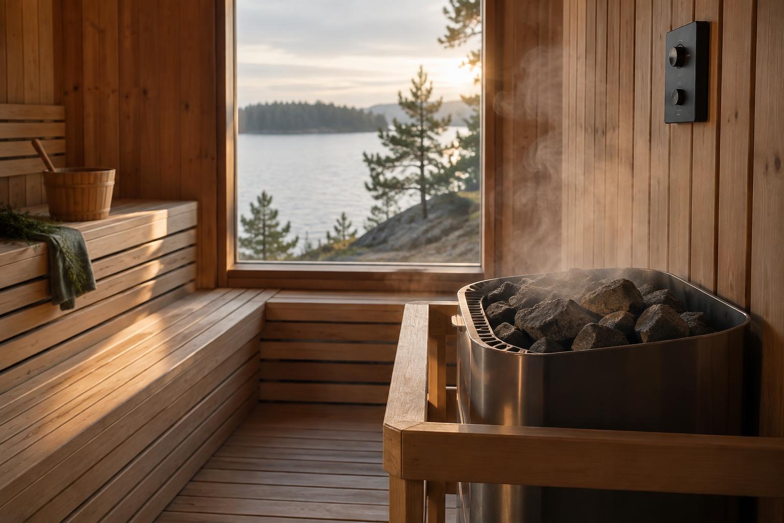 Electric sauna heater with stones and a wall-mounted control panel in a wooden sauna.